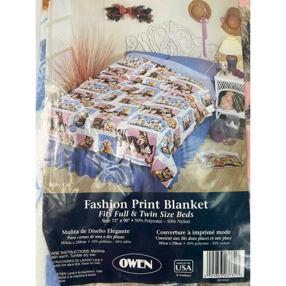 Owen Kitty Cat Fashion Print Blanket Fits Full & Twin Size Beds 72" X 90" 50% Po - Picture 1 of 6